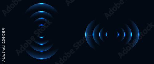 Sound wave. Signal concentric circle. Round light effect. Wifi range. Radio station signal. Water ripple with circle waves. A place or a painful point. Radar screen. Vector effect.