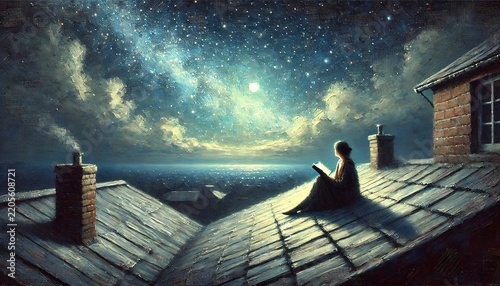 Person reading on roof under a starry night sky