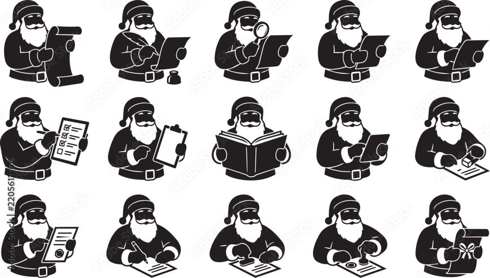 Obraz premium Twelve black silhouette of santa claus working at his desk with scrolls, pens, stamps, and documents on a white background