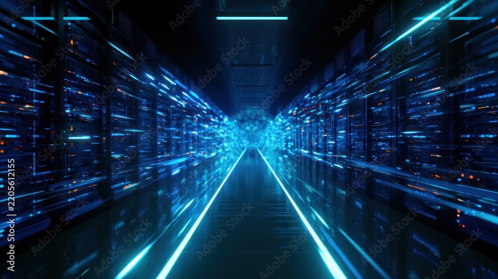 Fototapeta premium Futuristic glowing blue data server room with light streaks digital abstract background