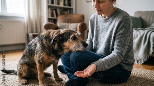 Woman petting loyal dog in cozy living room with soft natural lighting