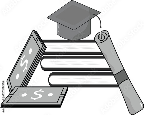 Monochrome vector illustration of graduation cap, diploma scroll, books, and money bills representing education costs and expenses