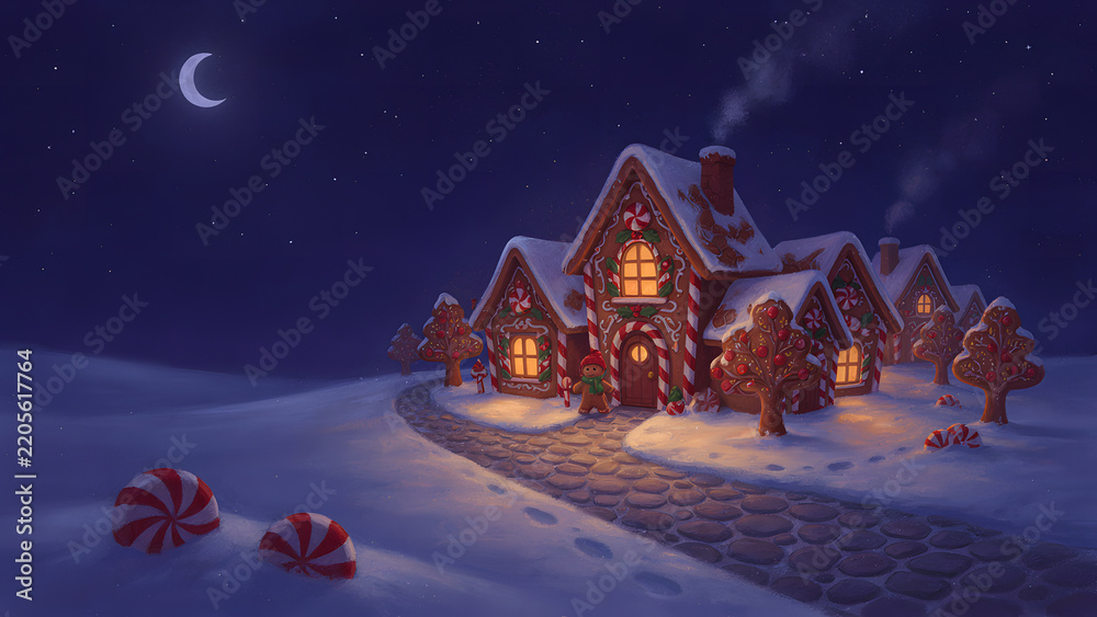 Fototapeta premium Christmas gingerbread houses on wooden table with bokeh background.. Pastries in the form of houses. Festive scene with holiday pastries. Christmas and New Year background.created with generative ai