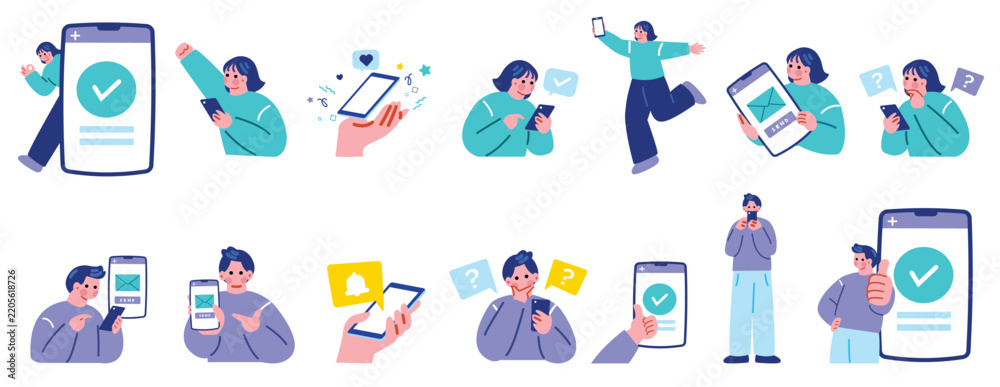 Obraz premium スマホを操作する人々のイラストセット