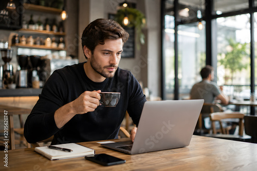 Male Freelancer Working on Laptop While Drinking Coffee in Cafe.