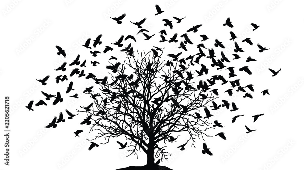Obraz premium Detailed vector illustration of stark winter tree silhouette surrounded by dynamic flocking black birds flying gracefully upward
