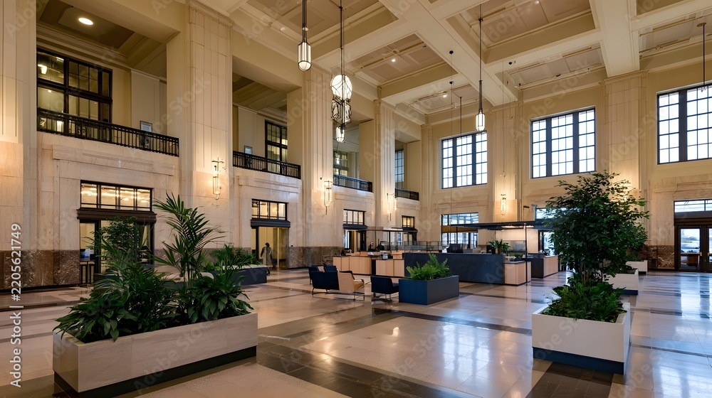 Fototapeta premium Grand interior of a historic transit terminal hall with high ceilings marble columns and modern planters