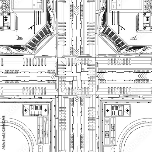 Modern Cyberpunk City Vector  Megastructures: Monolithic Brutalist Concrete Towers, Towering Glass-and-Steel Corporate Skyscrapers, And Exposed Utility Pipes.