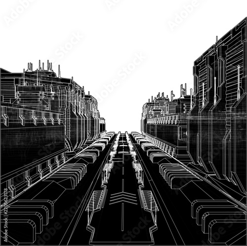 Modern Cyberpunk City Vector  Megastructures: Monolithic Brutalist Concrete Towers, Towering Glass-and-Steel Corporate Skyscrapers, And Exposed Utility Pipes.