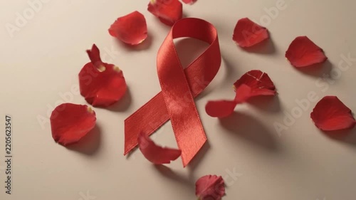 red ribbon awareness symbol with red rose petals falling on plain background close up camera movement   