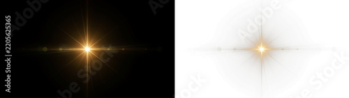 Golden lens flare effect with light rays and sparkles, glowing starburst element for photo overlays and design projects isolated on transparent background