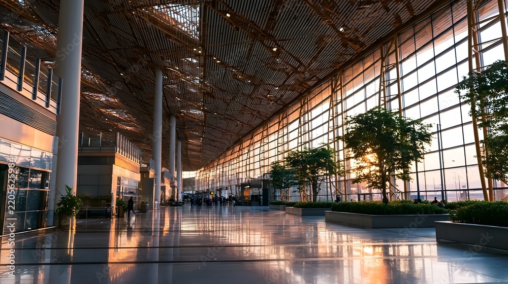 Obraz premium A grand modern terminal hall with high ceilings glass walls and polished floors reflecting golden sunlight