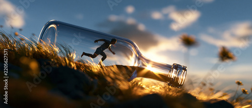 Human figure stepping out of a transparent glass bottle into a bright open landscape  