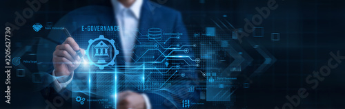 Businessman Pointing E-Governance, public sector digital service and transparent online government portal, public policy administration, citizen service network, digital public infrastructure