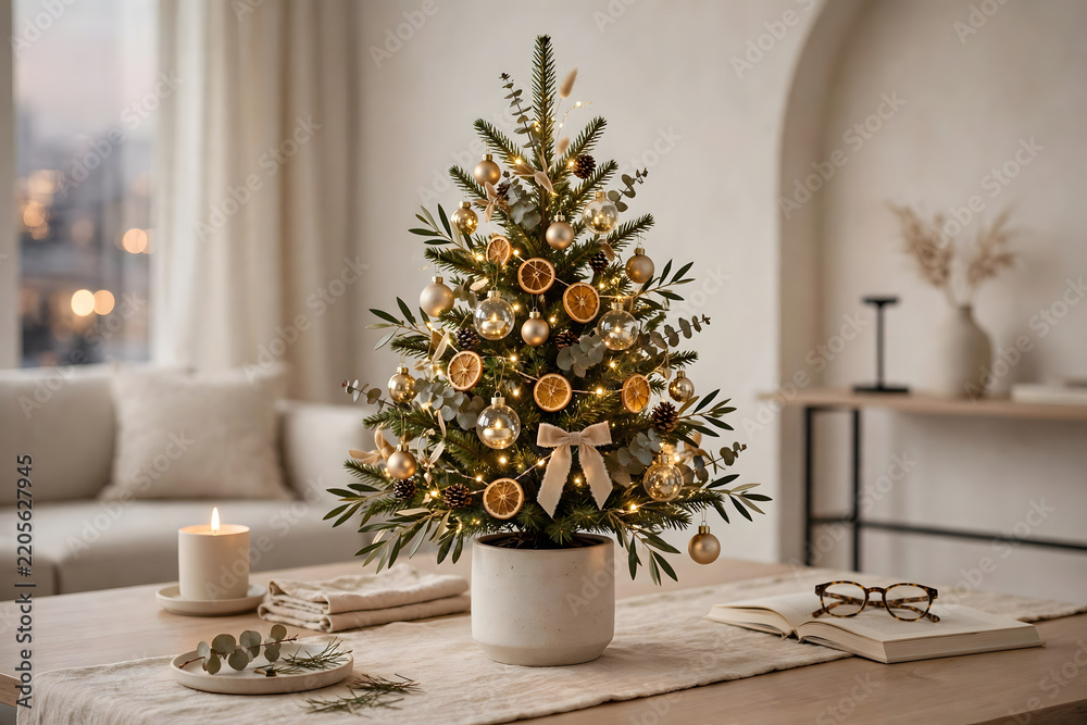 Fototapeta premium Small decorated christmas tree sits on a wooden table in a living room