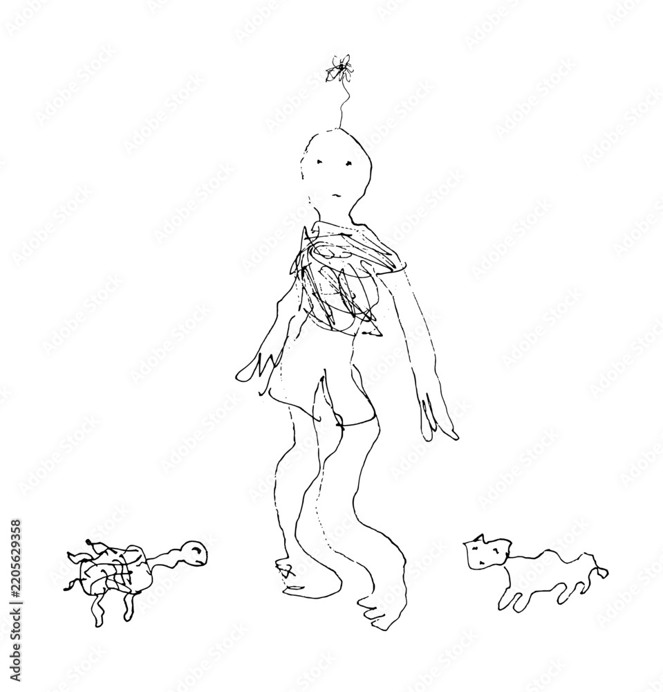 Obraz premium Monochrome hand drawn line art of a melting person with flower on head, cat and turtle