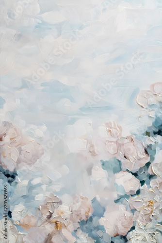 Fine Art. Abstract floral painting with textured brushstrokes creating a soft pastel garden scene, modern art background