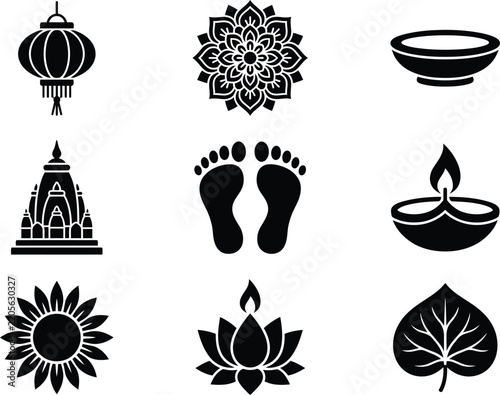 Diwali festival icons and symbols in black and white