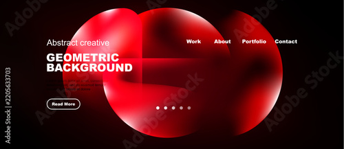 Red abstract shapes dominate dark background. Website header includes navigation options, text, button. Modern design elements present.