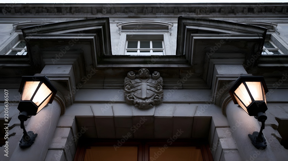Fototapeta premium A grand stone building facade with illuminated lanterns and a central heraldic crest above an entrance door
