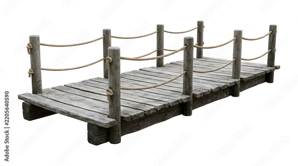 Naklejka premium Rustic wooden bridge isolated on white background, weathered timber pier with rope railing, small wooden footbridge object