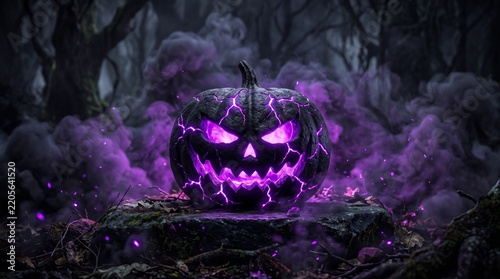 Glowing evil jack o lantern pumpkin with purple electrical energy in forest