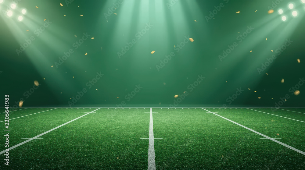 Obraz premium Green American football field stadium lights with falling confetti creating celebratory