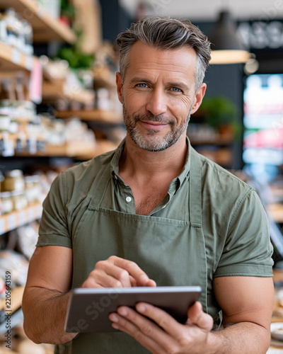 Man smiles warmly while holding tablet in store. He wears green apron and short-sleeved shirt. Store shelves hold various goods behind him. His gaze meets viewer with friendly, confident expression