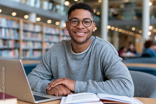 Young man smiles warmly while studying at a library. He wears glasses and a grey sweater, sitting at a wooden table. Laptop and open books lie before him, suggesting focused learning