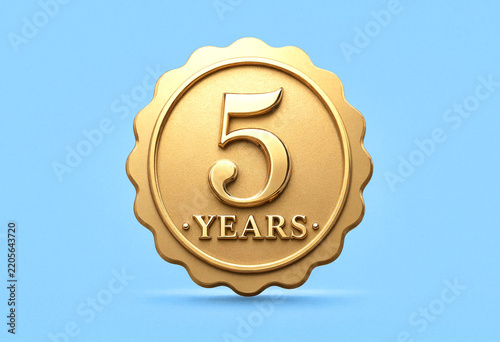Golden Five Years Anniversary Badge Isolated On Light Background