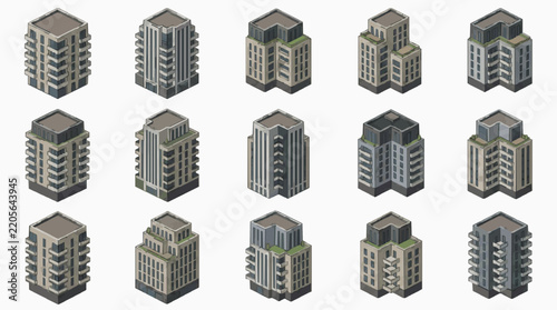 Isometric Collection of Urban Residential Building Designs for Architecture Projects