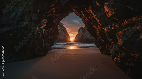 Sunset viewed through natural rock formation beside ocean beach