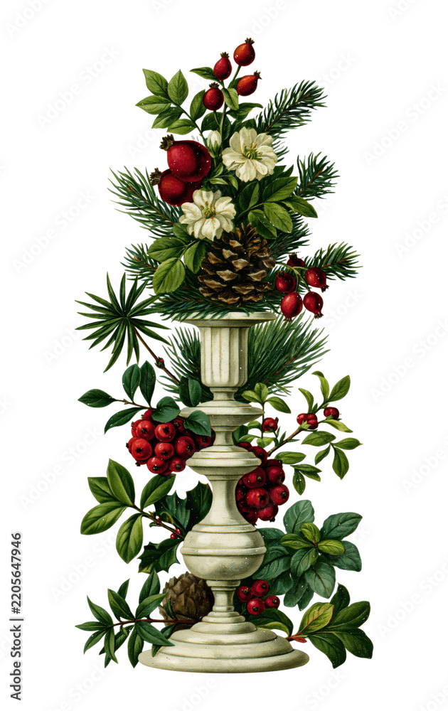 Obraz premium PNG Vintage botanical arrangement with pine, berries, flowers, urn pedestal