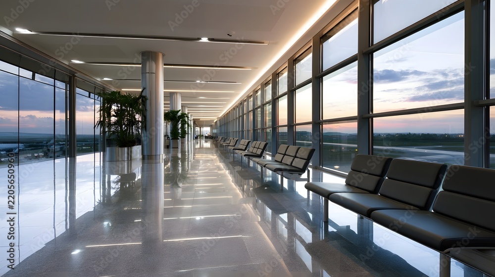 Fototapeta premium Modern airport terminal hallway with sleek seating reflective floor and large overlooking runway at dusk