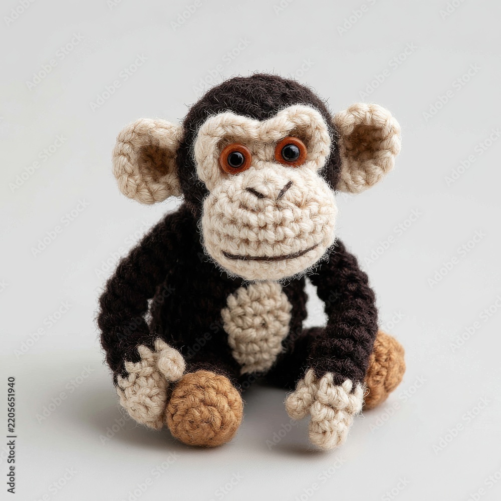 Fototapeta premium Small Handmade Knitted Monkey Stuffed Toy Sitting Against Plain Light Grey Studio Background