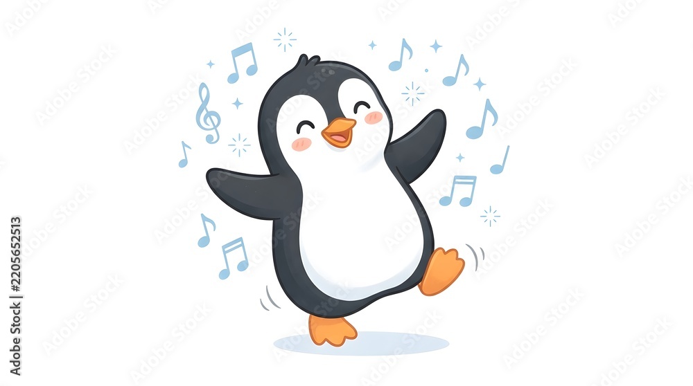 Obraz premium Happy penguin character dancing with musical notes in a cheerful illustration