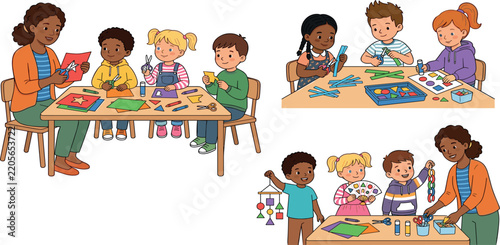 Diverse kindergarten children making paper crafts and art projects with female teacher flat vector set