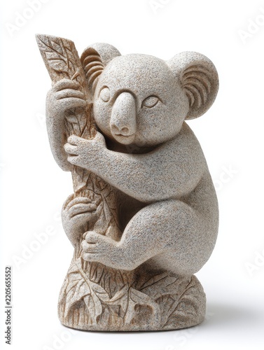 Stone Koala Sculpture Climbing A Tree Trunk Garden Ornament Isolated On A White Background