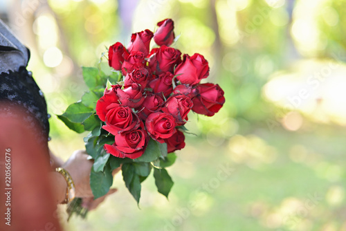 Woman holding a bouquet of fresh red roses in a garden with natural bokeh background. Romance, love, and Valentine's Day gift concept.