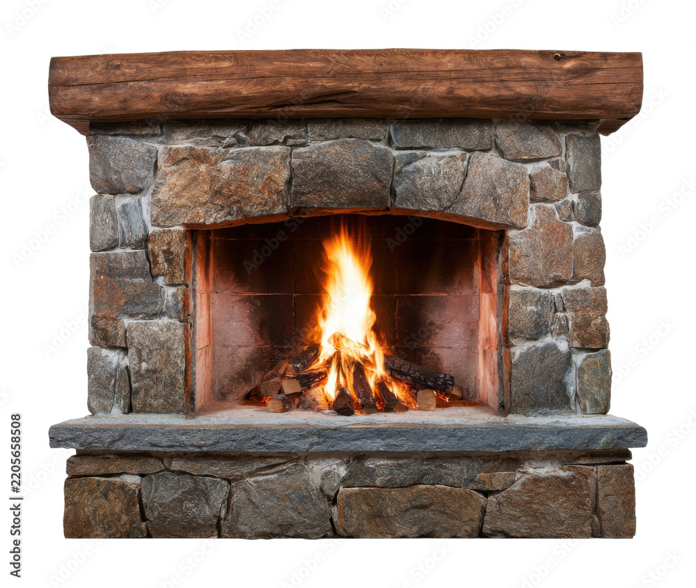 Fototapeta premium PNG Rustic stone fireplace with warm glowing fire isolated on white