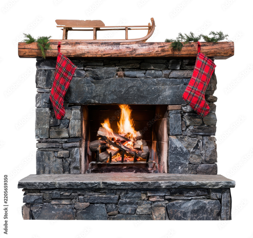 Fototapeta premium PNG Rustic stone fireplace with stockings, fire, and wooden sled
