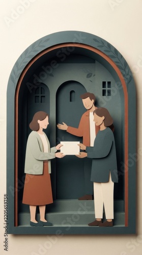 Paper cut scene depicting individuals offering support and assistance to a woman at a doorway