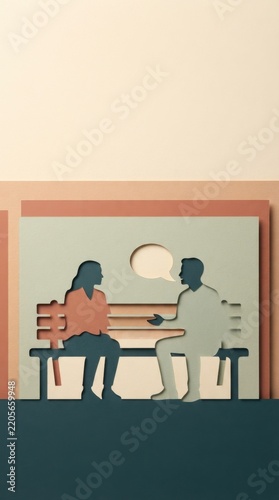 People conversing on park bench in layered paper cut style, illustrating social interaction