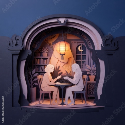 Two women in detailed paper art diorama having a deep discussion in a cozy setting