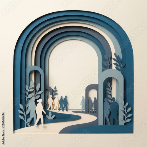 Layered paper cut art showing blue arches and walking people representing journey