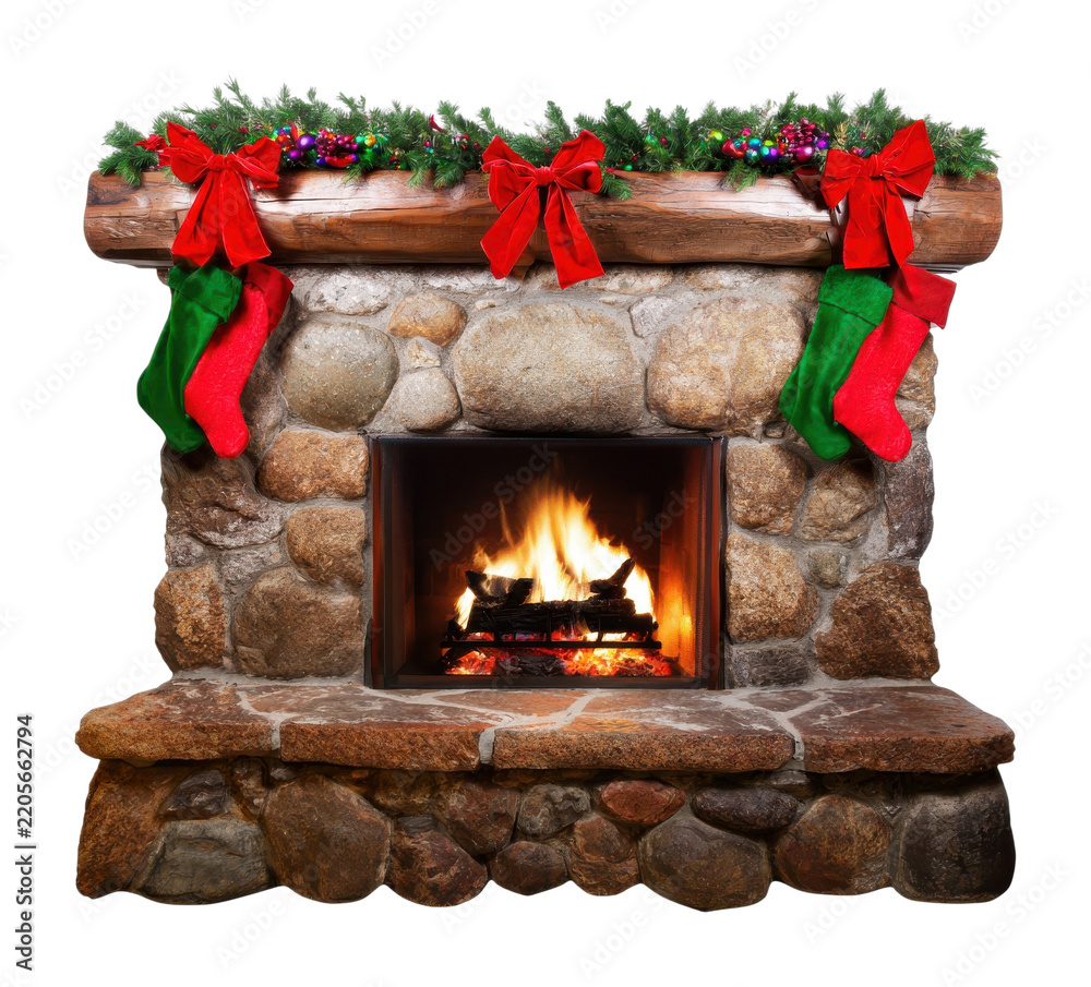 Fototapeta premium PNG Rustic stone fireplace decorated with festive Christmas greenery and bows