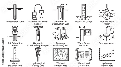 Hydrology icons set featuring groundwater observation wells and water level monitoring devices