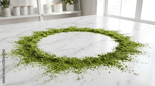 Vibrant green matcha powder arranged in a circle on a luxurious white marble kitchen countertop.