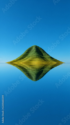 Symmetrical layered mountain peak reflection on calm blue water surface as transparent cutout
