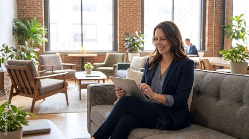 young woman sitting on sofa and using laptop